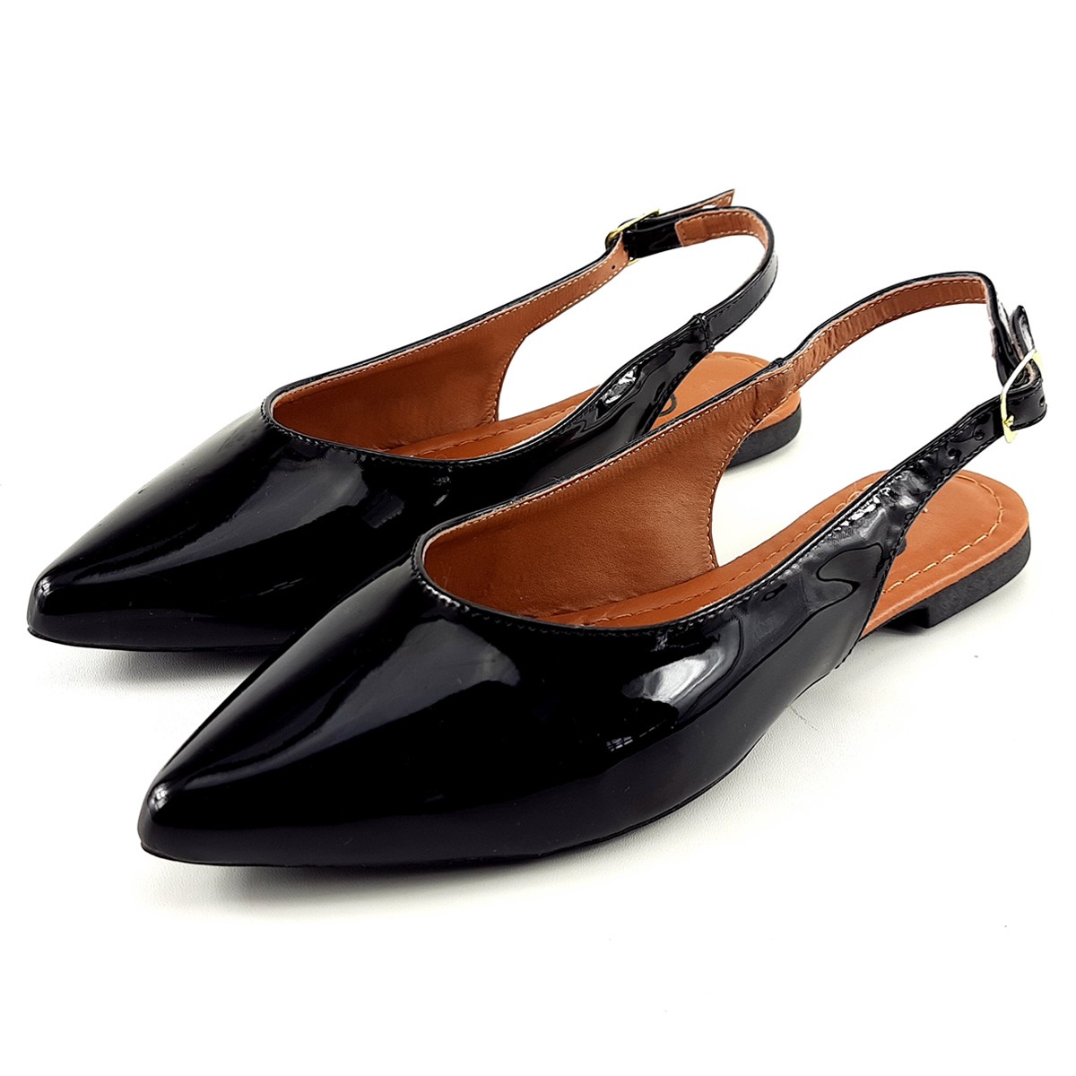 Sapatilhas Sapatilha SlingBack Verniz Preto Bico Fino