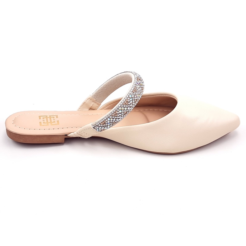 Sapatilhas Mule Feminino Cs Creme Infinity Strass Laço Bico Fino