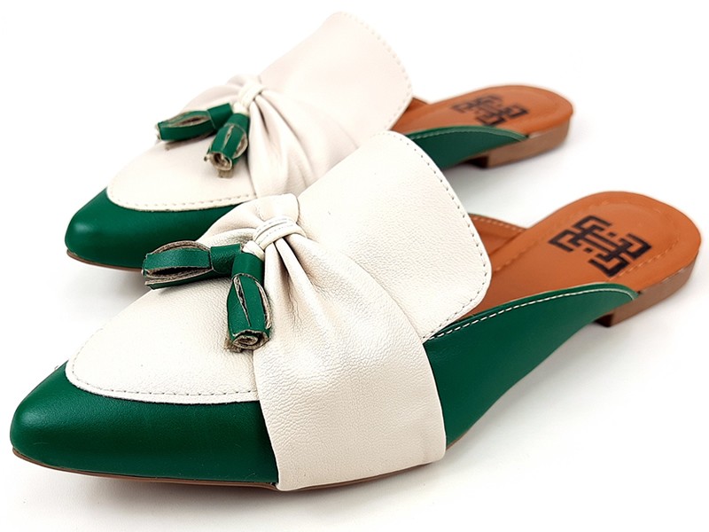 Sapatilhas Mule Feminino Cs Verde OffWhite Laço Bico Fino