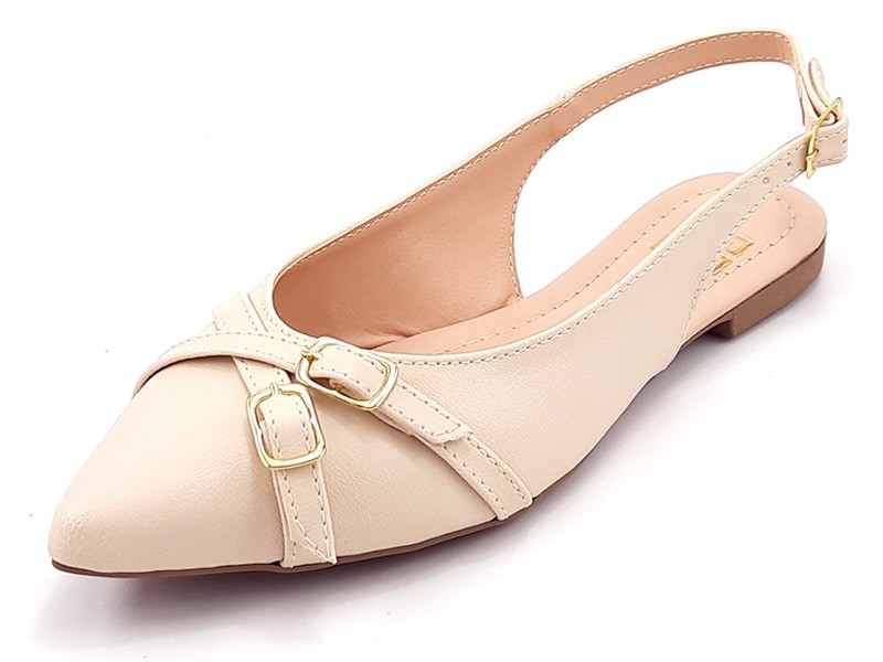 Sapatilhas Slingback Cs Creme Tiras Fivela Ouro Bico Fino