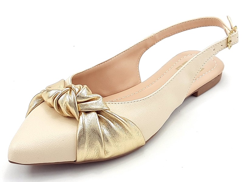 Sapatilhas Slingback Feminino Cs Creme Laço Dourado Bico Fino