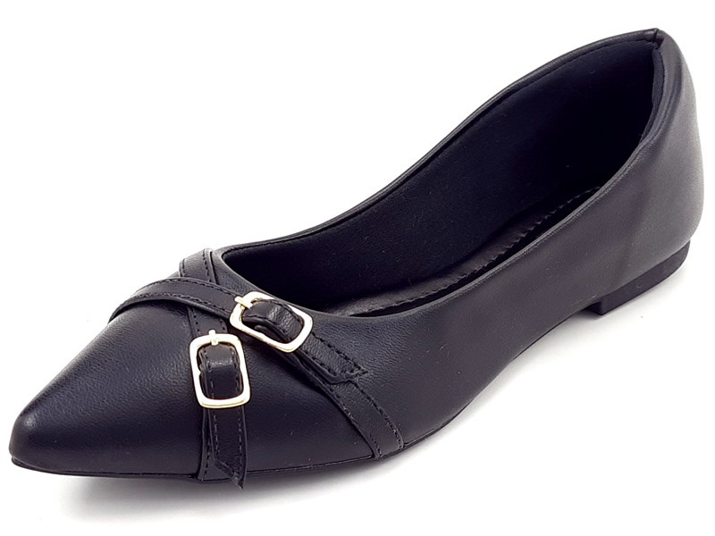 Sapatilhas Sapatilha Feminina Cs Preto Tiras Fivela Ouro Bico Fino