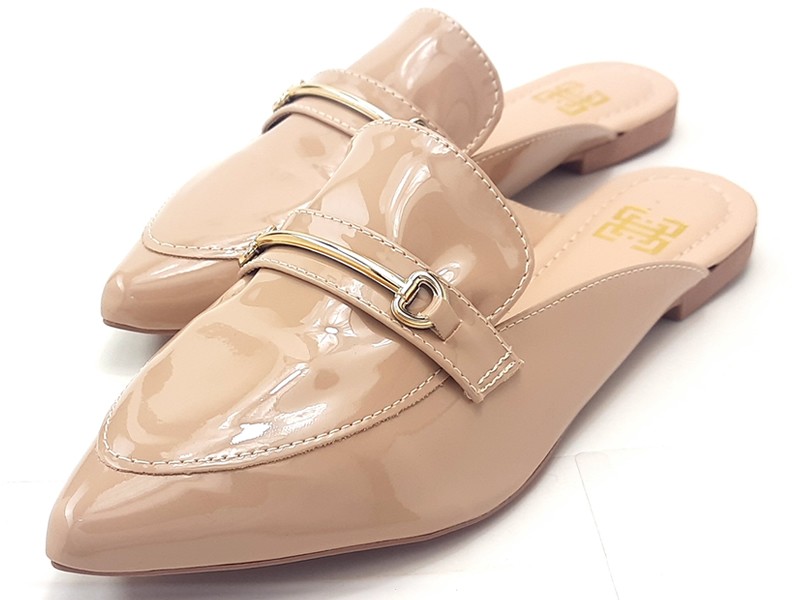 Sapatilhas Mule Feminino Vz Nude Bridão Ouro Bico Fino