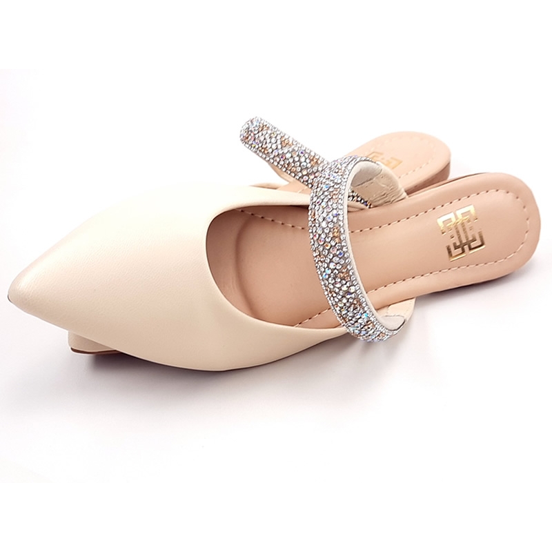 Sapatilhas Mule Feminino Cs Creme Infinity Strass Laço Bico Fino