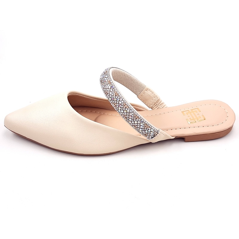 Sapatilhas Mule Feminino Cs Creme Infinity Strass Laço Bico Fino