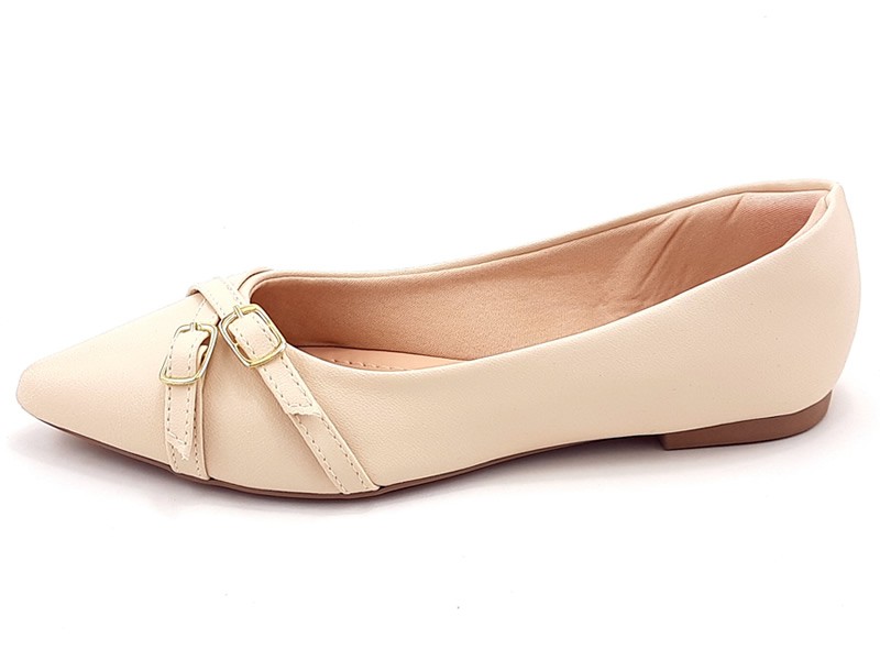 Sapatilhas Sapatilha Feminina Cs Creme Tiras Fivela Ouro Bico Fino