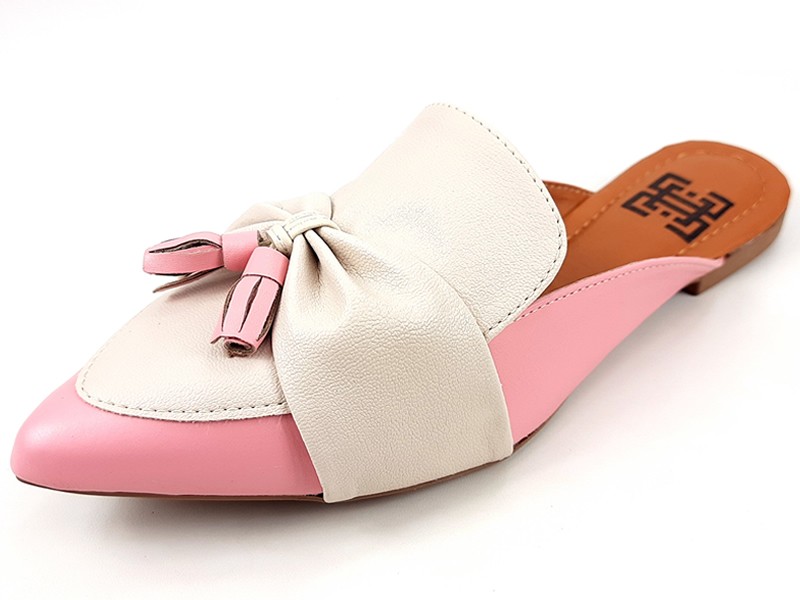 Sapatilhas Mule Feminino Cs Rose OffWhite Laço Bico Fino