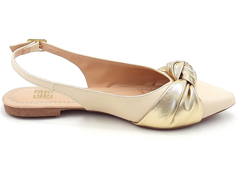 Sapatilhas Slingback Feminino Cs Creme Laço Dourado Bico Fino