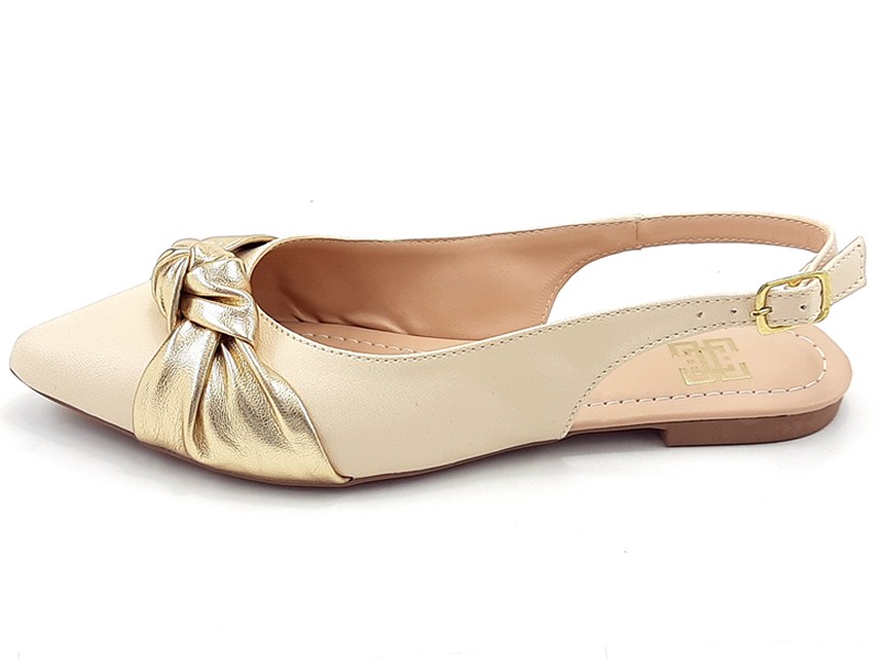 Sapatilhas Slingback Feminino Cs Creme Laço Dourado Bico Fino