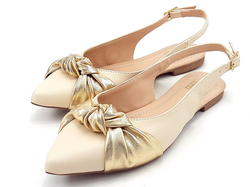 Sapatilhas Slingback Feminino Cs Creme Laço Dourado Bico Fino