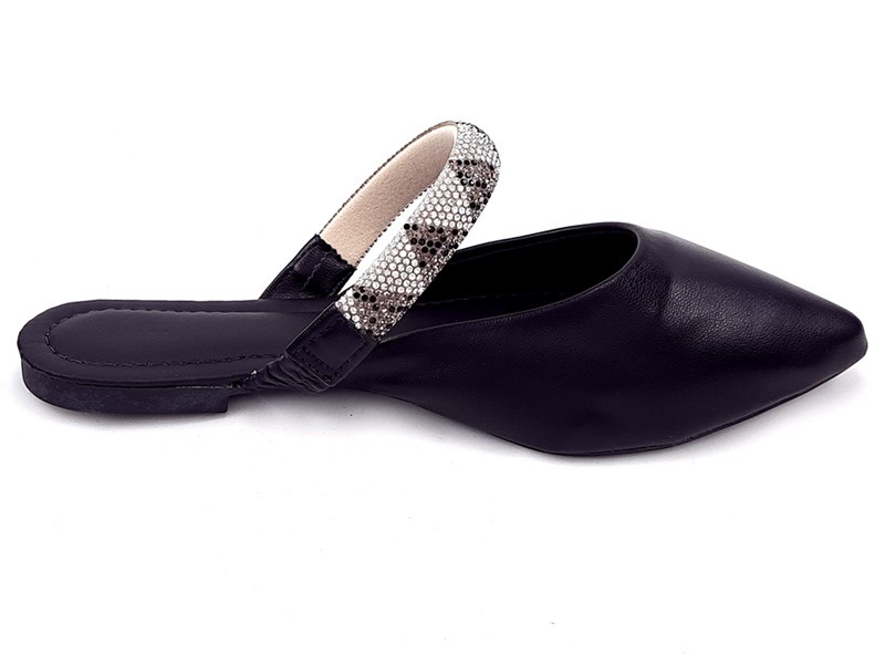 Sapatilhas Mule Feminino Cs Preto Infinity Strass Laço Bico Fino