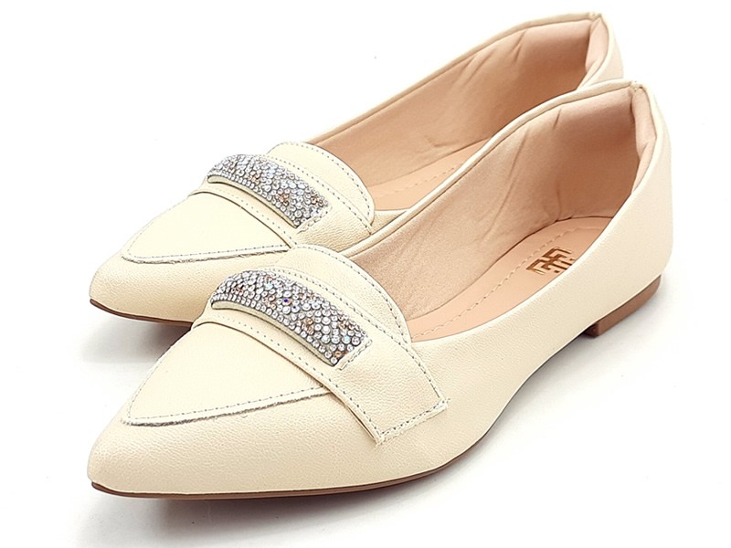 Sapatilhas Sapatilha Mocassim Cs Creme Infinity Strass Bico Fino