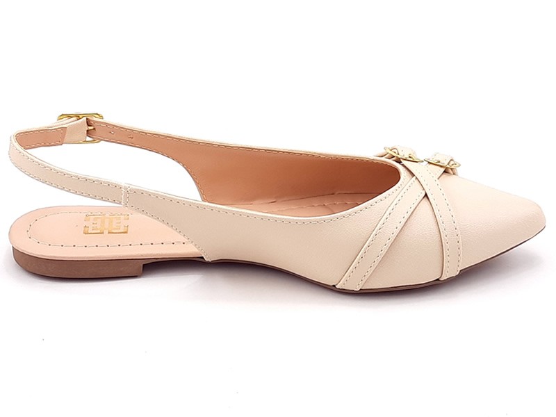 Sapatilhas Slingback Cs Creme Tiras Fivela Ouro Bico Fino