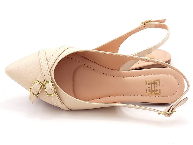 Sapatilhas Slingback Cs Creme Tiras Fivela Ouro Bico Fino