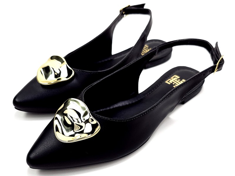 Sapatilhas Slingback Bico fino Cs Preto Abs Folha Ouro