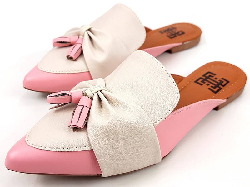 Sapatilhas Mule Feminino Cs Rose OffWhite Laço Bico Fino