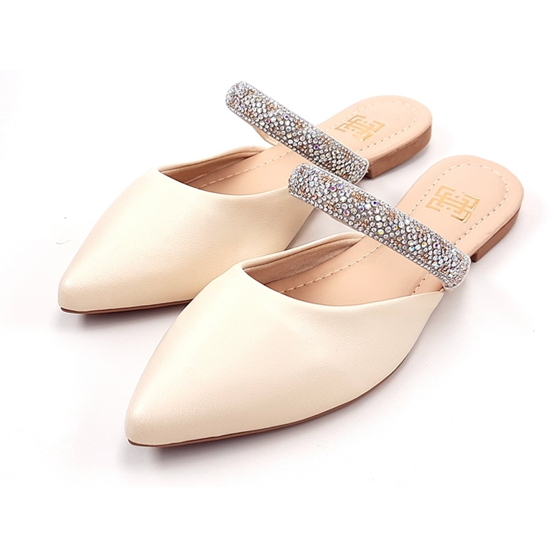 Sapatilhas Mule Feminino Cs Creme Infinity Strass Laço Bico Fino