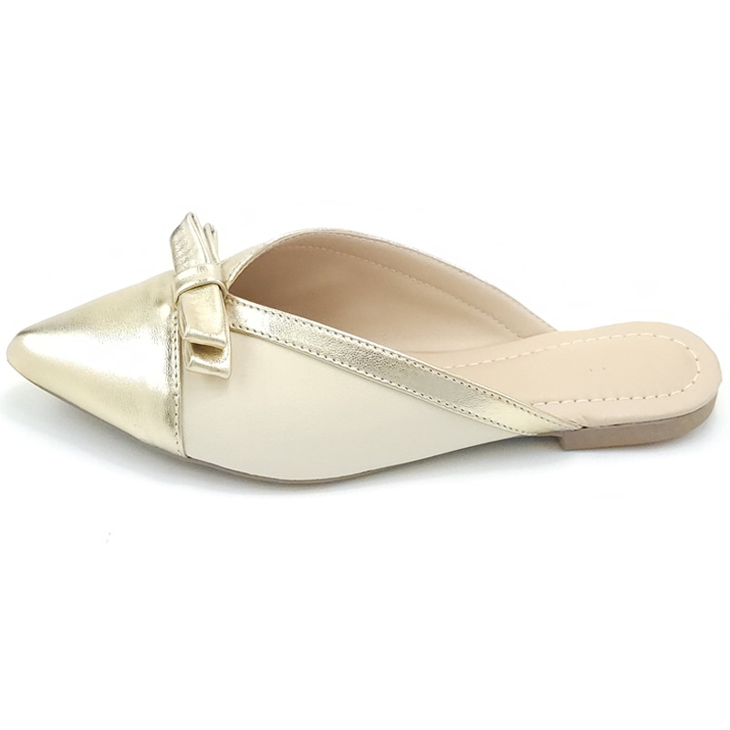 Sapatilhas Mule Cs Dourado Cs Creme Laço Bico Fino