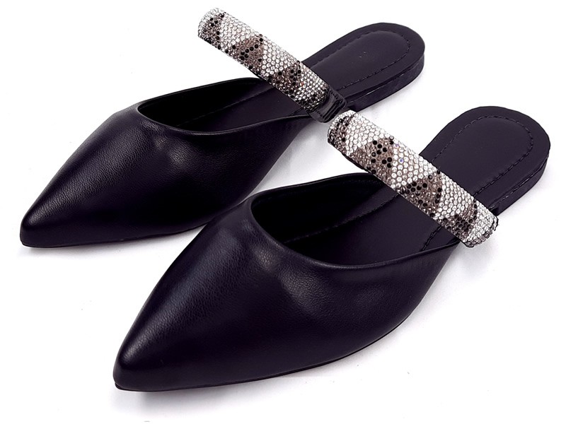 Sapatilhas Mule Feminino Cs Preto Infinity Strass Laço Bico Fino