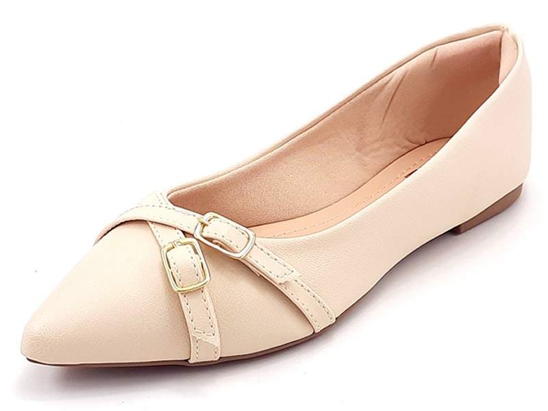 Sapatilhas Sapatilha Feminina Cs Creme Tiras Fivela Ouro Bico Fino