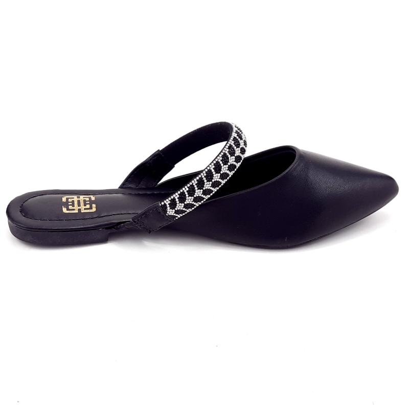 Sapatilhas Mule Feminino Cs Preto Infinity Strass Laço Bico Fino