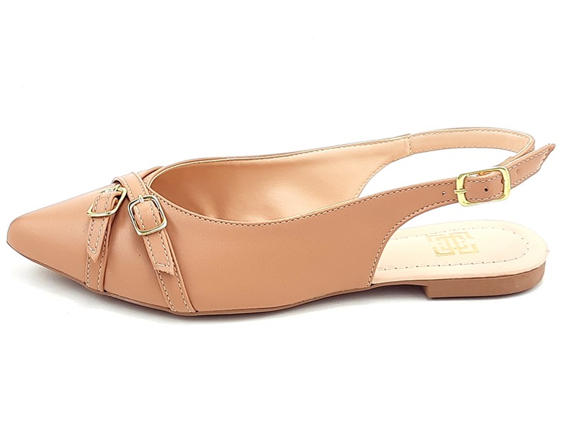 Sapatilhas Slingback Feminino Cs Nude Tiras Fivela Ouro Bico Fino