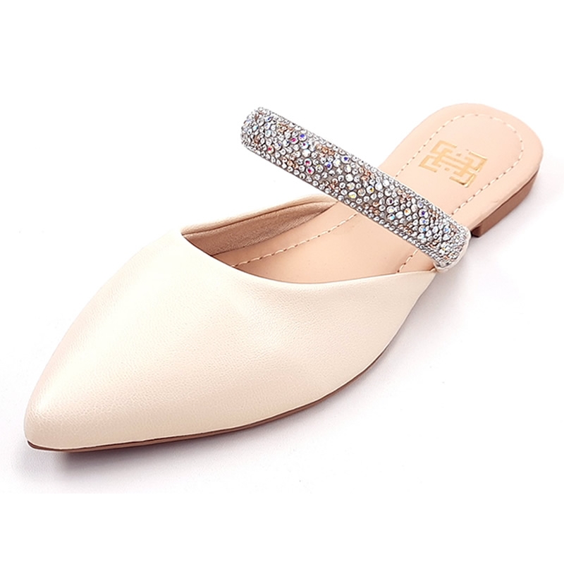 Sapatilhas Mule Feminino Cs Creme Infinity Strass Laço Bico Fino