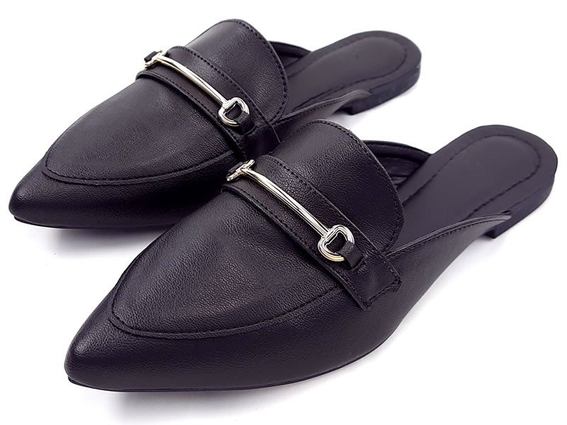 Sapatilhas Mule Feminino Cs Preto Bridão Ouro Bico Fino