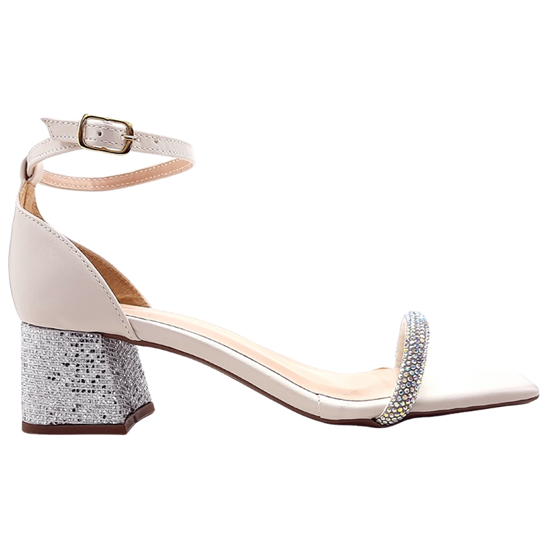 Saltos Sandália Amarrar Cs Off White Tiras Infinity Strass Salto Bloco 5,5cm