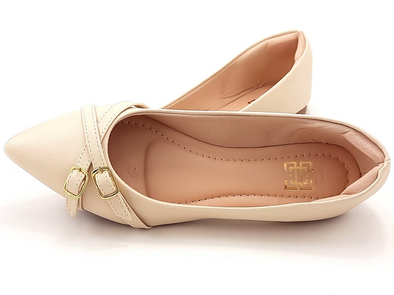 Sapatilhas Sapatilha Feminina Cs Creme Tiras Fivela Ouro Bico Fino