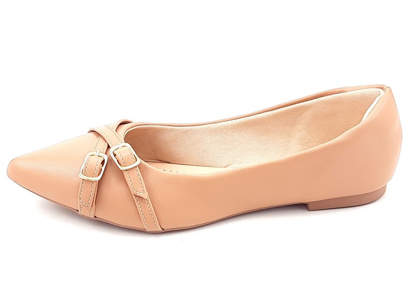 Sapatilhas Sapatilha Feminina Cs Nude Tiras Fivela Ouro Bico Fino