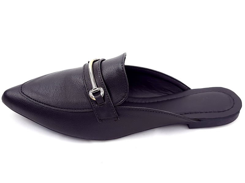 Sapatilhas Mule Feminino Cs Preto Bridão Ouro Bico Fino