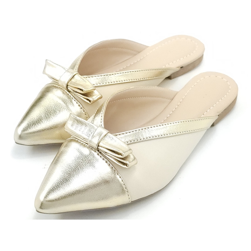 Sapatilhas Mule Cs Dourado Cs Creme Laço Bico Fino