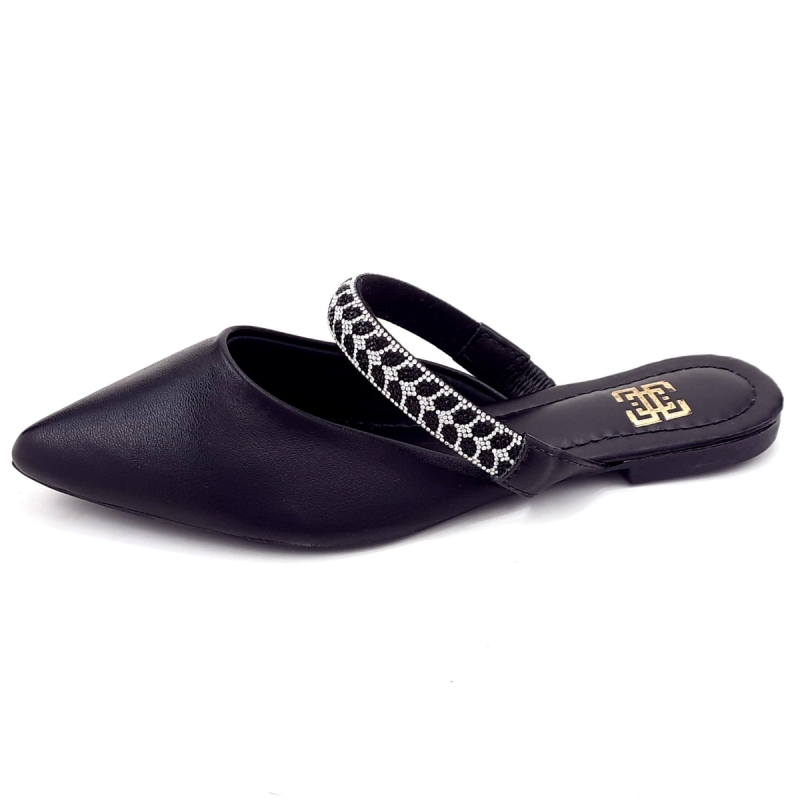 Sapatilhas Mule Feminino Cs Preto Infinity Strass Laço Bico Fino