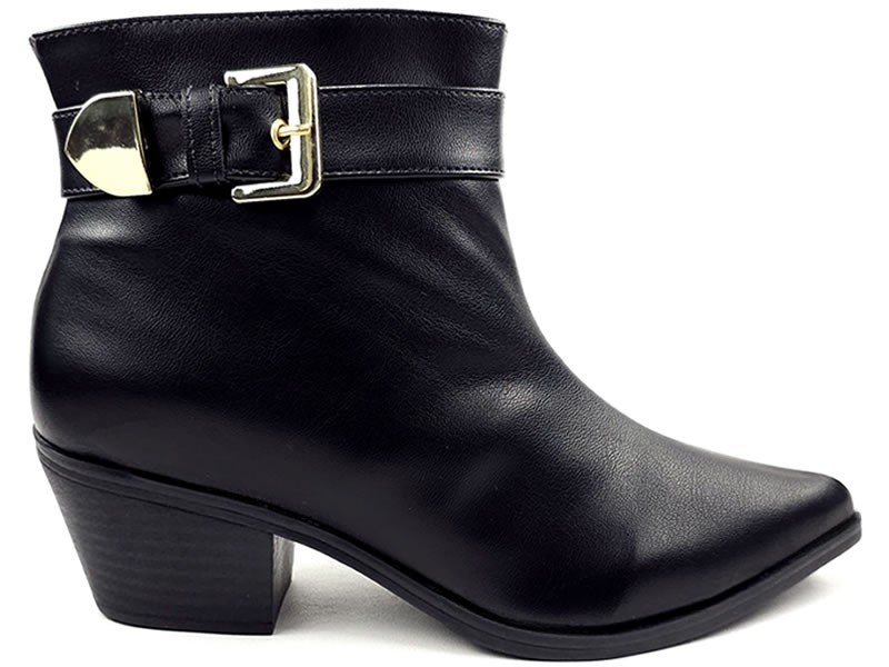 Botas Bota Feminina Ceci Cs Preta Fivela e Ponteira de Ouro Salto Coutry 5,5 cm