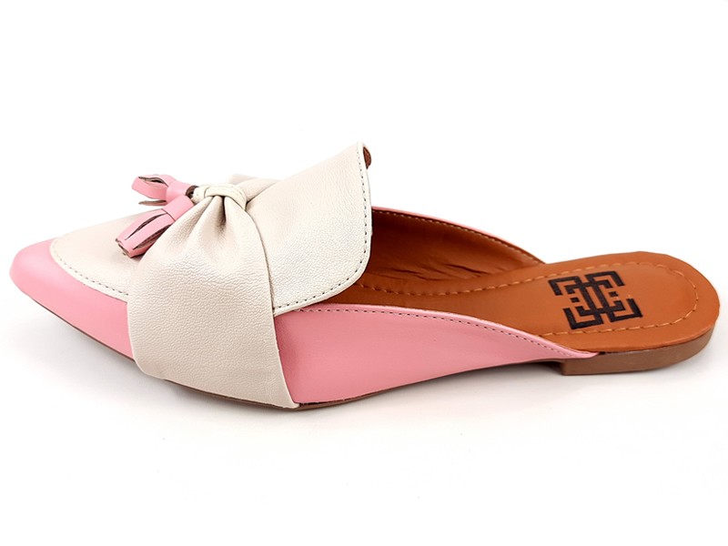 Sapatilhas Mule Feminino Cs Rose OffWhite Laço Bico Fino