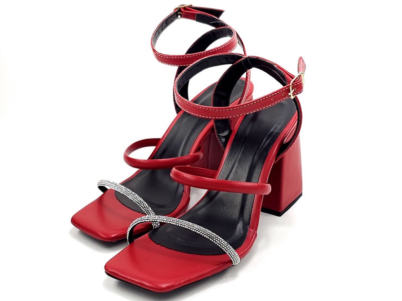 Saltos Sandália Feminina Cs Vermelho Strass Infinity Salto Bloco 8,5cm