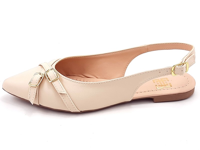 Sapatilhas Slingback Cs Creme Tiras Fivela Ouro Bico Fino