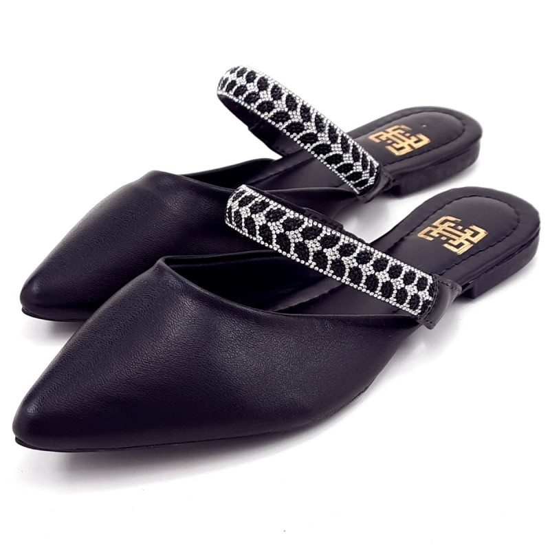 Sapatilhas Mule Feminino Cs Preto Infinity Strass Laço Bico Fino