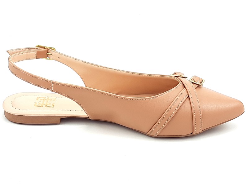 Sapatilhas Slingback Feminino Cs Nude Tiras Fivela Ouro Bico Fino