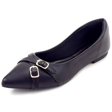 Sapatilha Feminina Cs Preto Tiras Fivela Ouro Bico Fino