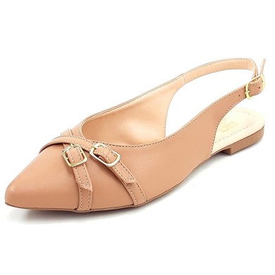 Slingback Feminino Cs Nude Tiras Fivela Ouro Bico Fino