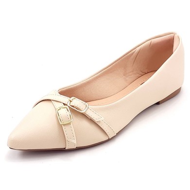 Sapatilha Feminina Cs Creme Tiras Fivela Ouro Bico Fino