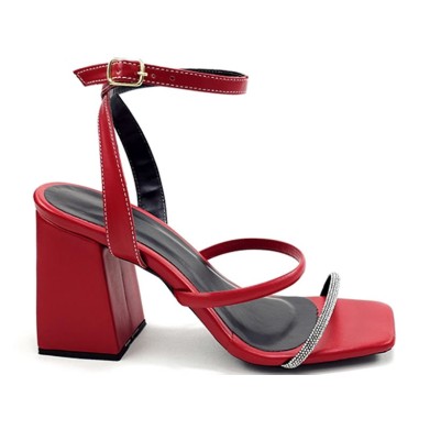 Saltos-Sandália Feminina Cs Vermelho Strass Infinity Salto Bloco 8,5cm