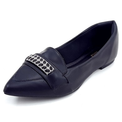 Sapatilhas-Sapatilha Mocassim Cs Preto Infinity Strass Bico Fino