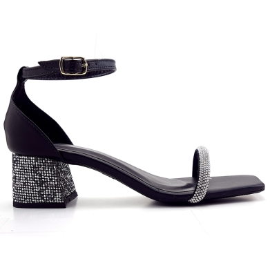 Sandália Amarrar Cs Preto Tiras Infinity Strass Salto Bloco 5,5cm